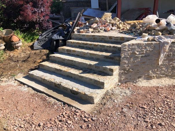 landscape stonework, steps, wall,